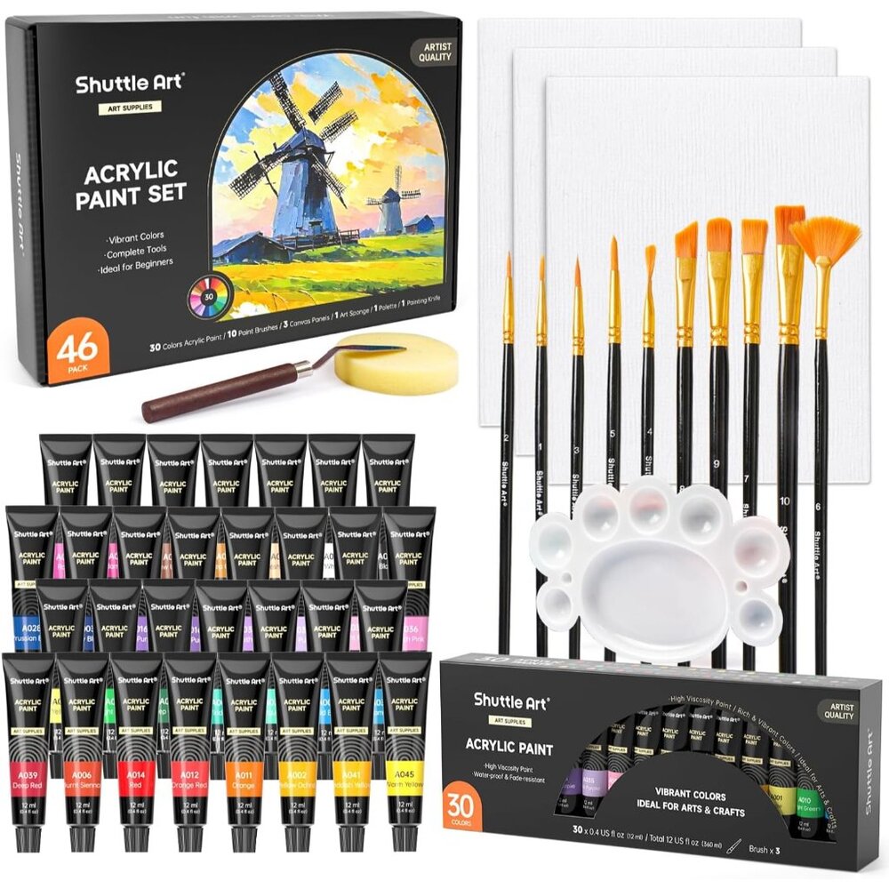 46 Pack Acrylic Paint Set, 30 Colors Acrylic Paint with 10 Brushes 3 Canvas 1 Kn